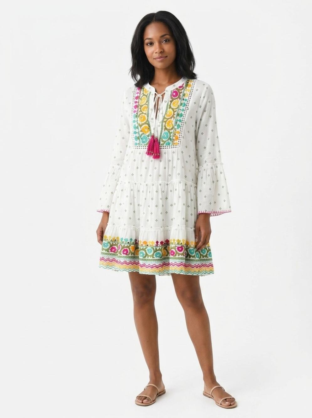 Miss June Paris White Boho Bell Sleeve Tiered Dress See Measurements